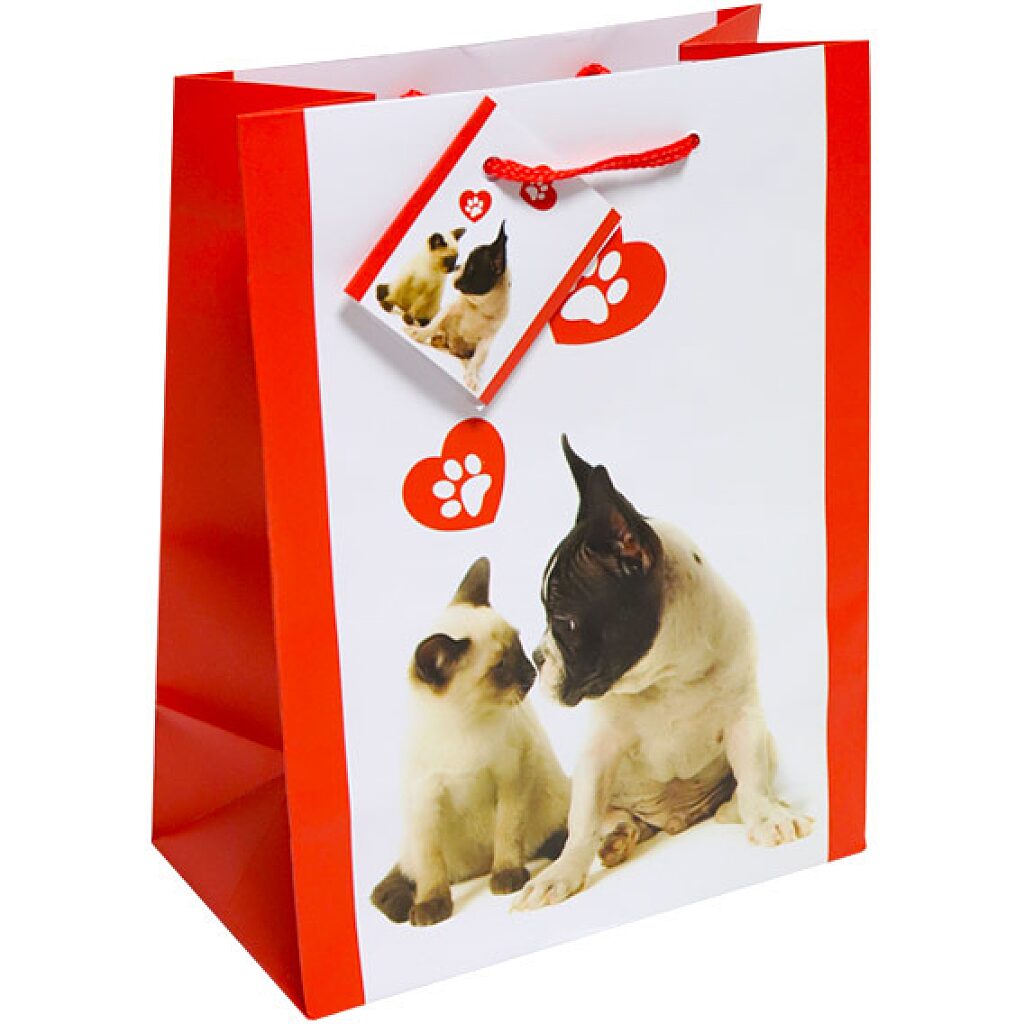Cica és kutya mintás ajándékzacskó - piros