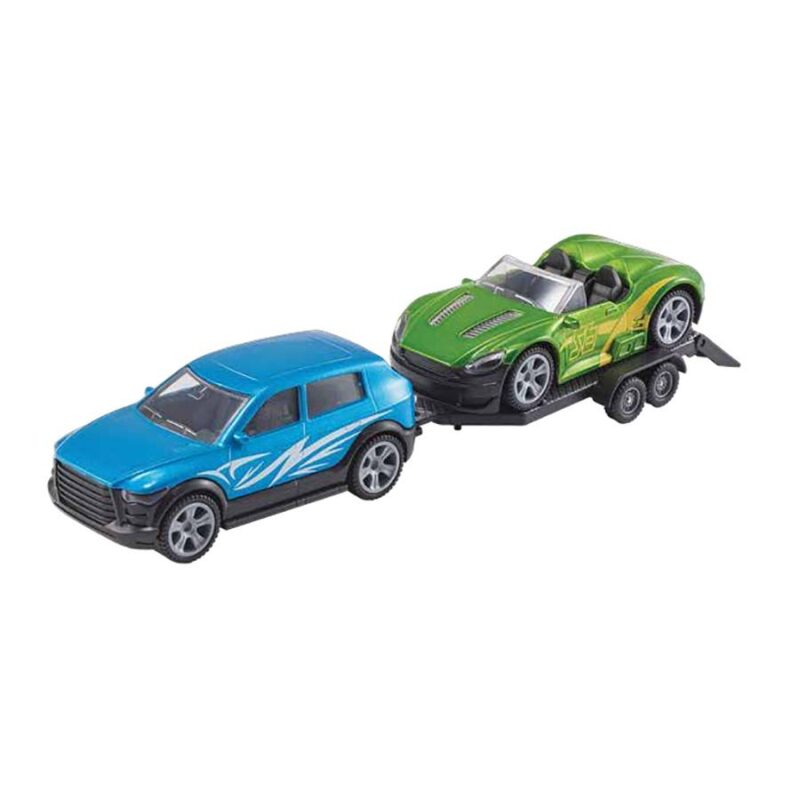 utánfutóval és kabrió sportkocsival - kék és zöld színben - 1. Kép