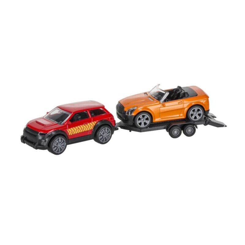 utánfutóval és kabrió sportkocsival - piros és narancs színben - 1. Kép