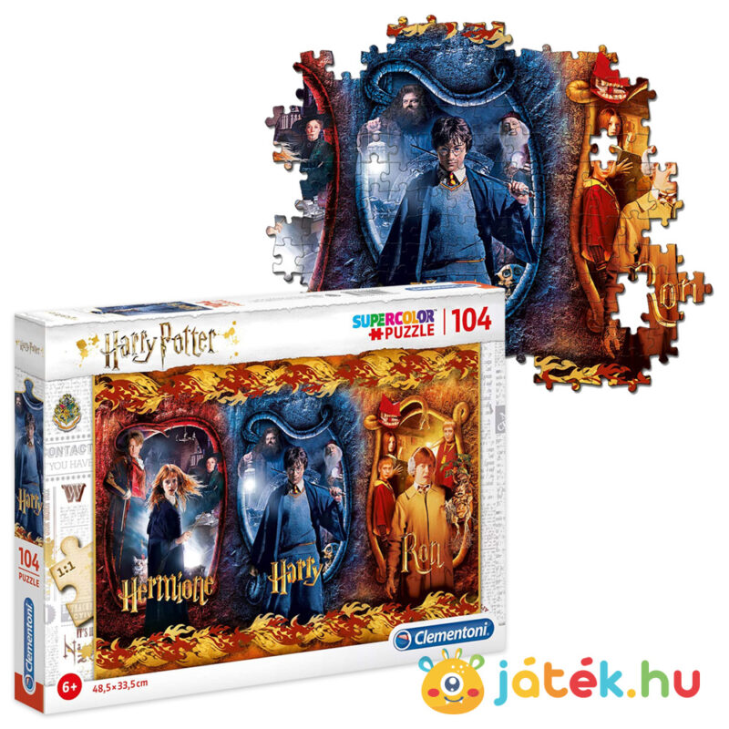 104 db-os Harry Potter puzzle képrészlete és doboza: Hermione, Harry Potter, Ron szereplésével - Clementoni SuperColor 61885