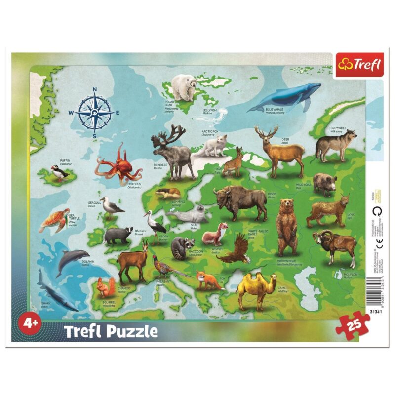 Trefl: Európa térképe állatokkal 25 darabos keretes puzzle - 1. Kép
