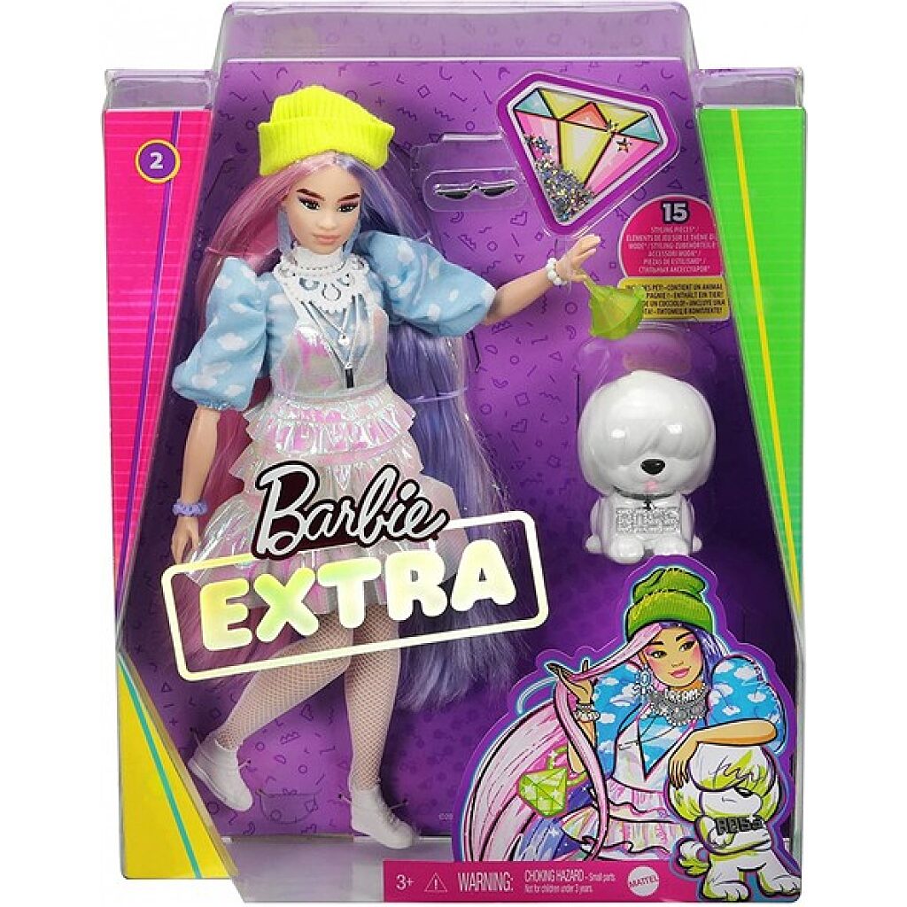 Barbie: Extravagáns pink-lila hajú baba csillogós szettben kiskutyával - 2. Kép