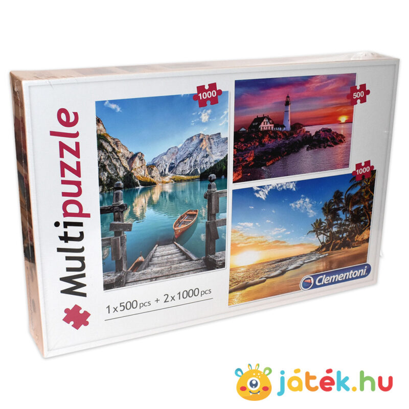 2 x 1000 és 500 darabos tájkép puzzle (hegyek, világítótorony, tengerpart puzzle) doboza balról - Clementoni Multipuzzle 08106