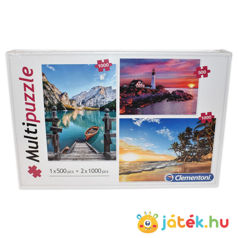 2 x 1000 és 500 darabos tájkép puzzle (hegyek, világítótorony, tengerpart puzzle) doboza előről - Clementoni Multipuzzle 08106