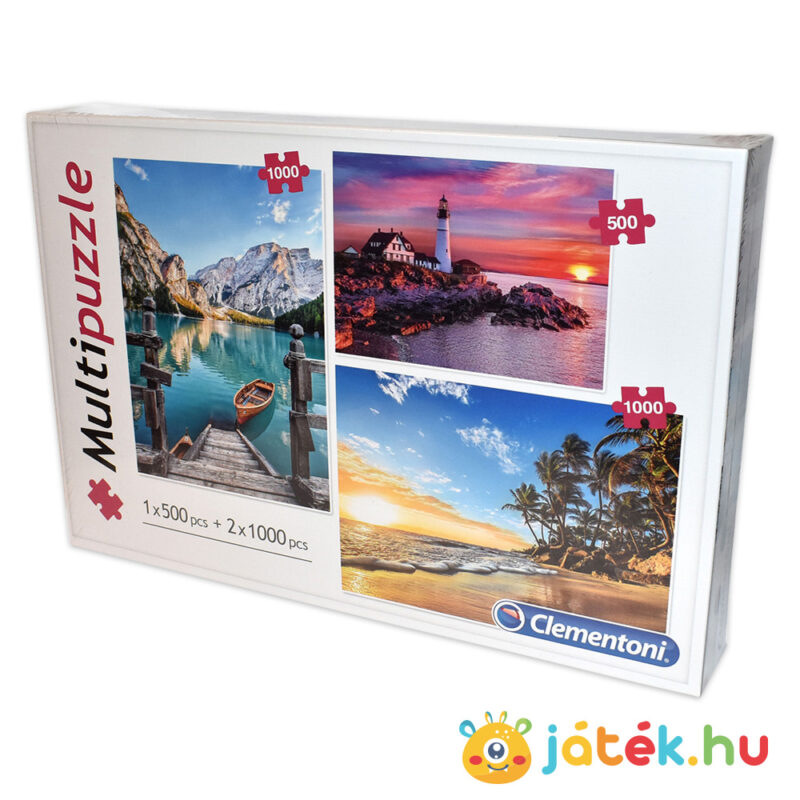 2 x 1000 és 500 darabos tájkép puzzle (hegyek, világítótorony, tengerpart puzzle) doboza jobbról - Clementoni Multipuzzle 08106