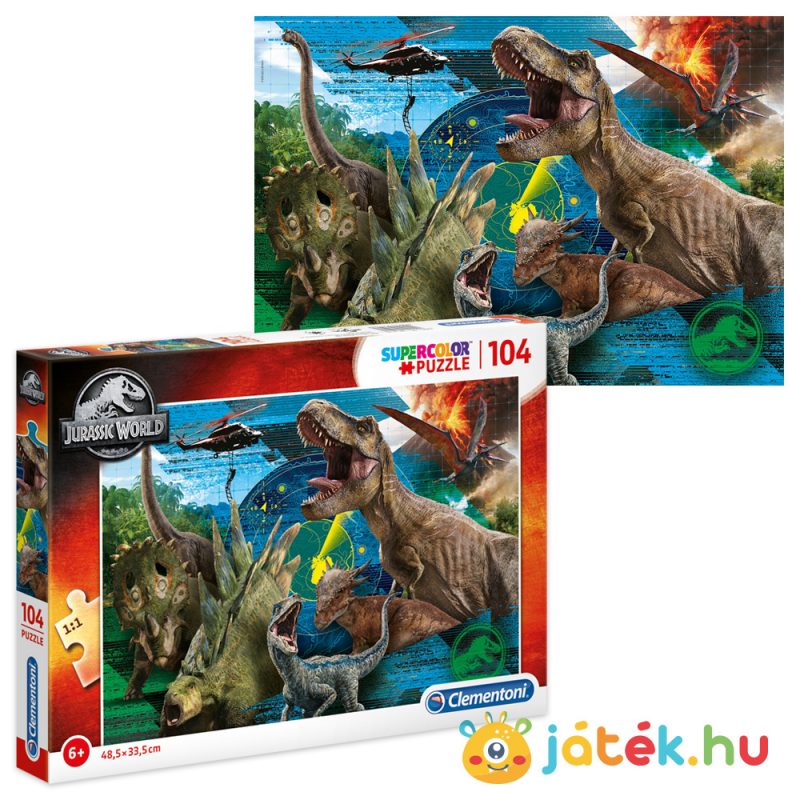 104 darabos Jurassic World puzzle képe és doboza - Clementoni Szuper Színes 27169