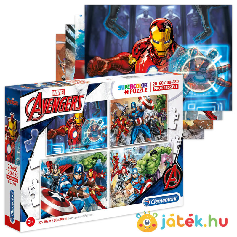 Marvel: Bosszúállók puzzle (4in1) kirakott képei és csomagolása - 20-60-100-180 darabos - Clementoni SuperColor Progressive 07722