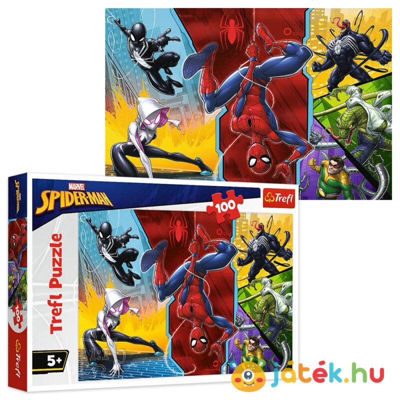 Marvel: Pókember puzzle (Fejjel lefelé) kirakott képe és doboza - 100 db - Trefl 16347