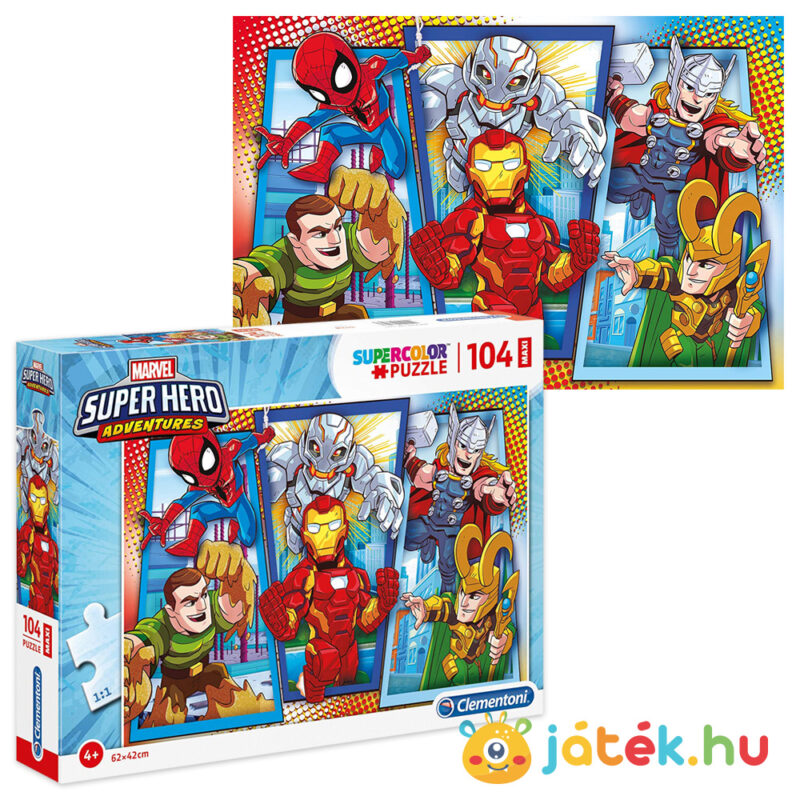 Marvel szuperhősök puzzle (Super Hero Adventures) képe és csomagolása - 104 darabos - Clementoni SuperColor Maxi 23746