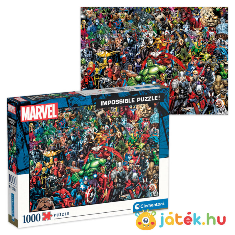 1000 darabos Marvel szuperhősök, a lehetetlen puzzle kirakott képe és doboza - Clementoni Impossible puzzle 39411