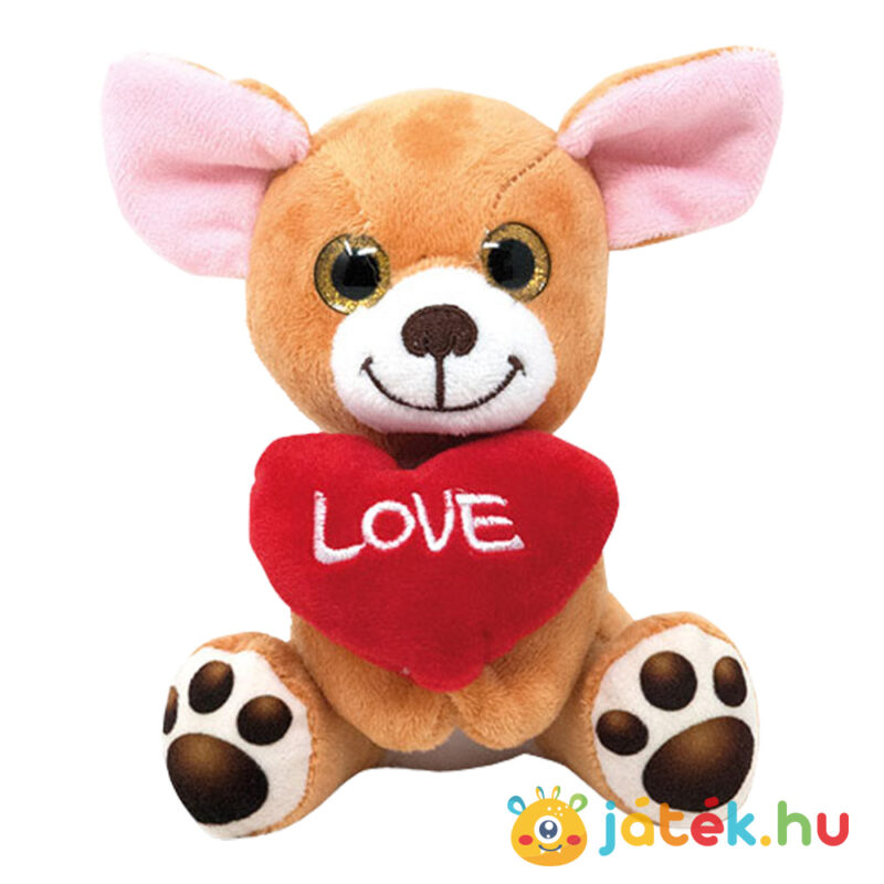 Csillogó szemű szerelmes plüss kutya: csivava, szívvel (15 cm)