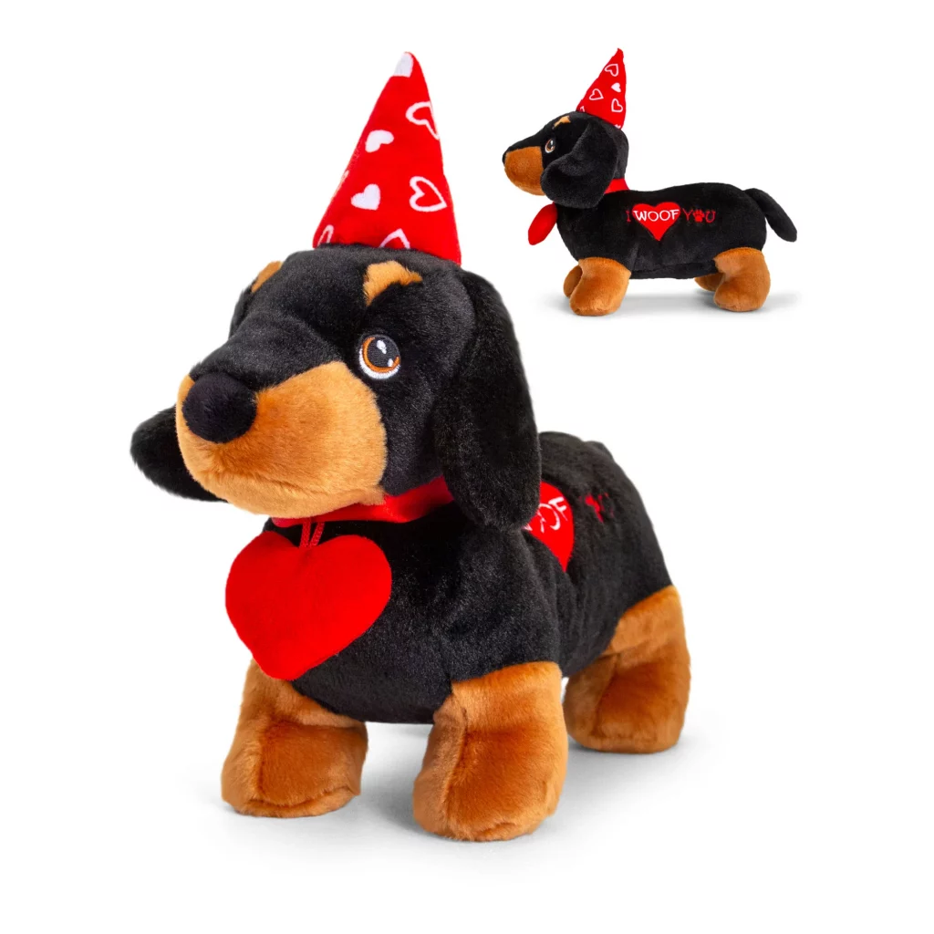 Szerelmes plüss kutya: tacskó szívvel a nyakában, 25 cm (Keel Toys)