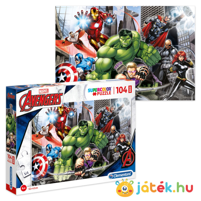 Marvel: Bosszúállók puzzle képe és doboza, 104 db (Clementoni SuperColor (Szuper Színes) Maxi 23688