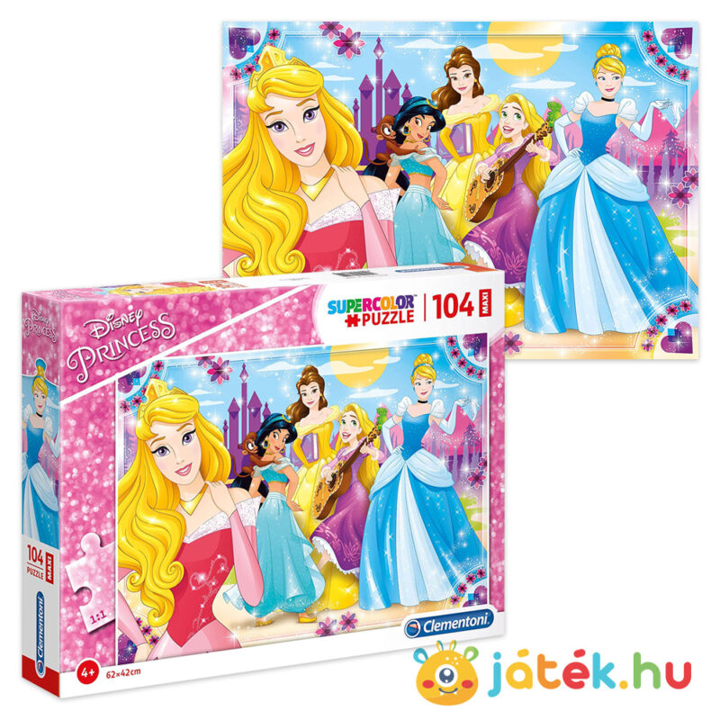 Disney hercegnők puzzle képe és doboza, 104 db (Clementoni SuperColor Maxi 23714)