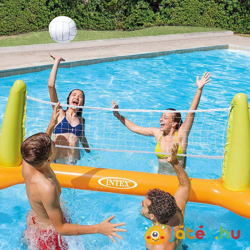 Felfújható vízi strandröplabda háló játékszett, játék közben, labdával, 239 x 64 x 91 cm (Intex 56508)