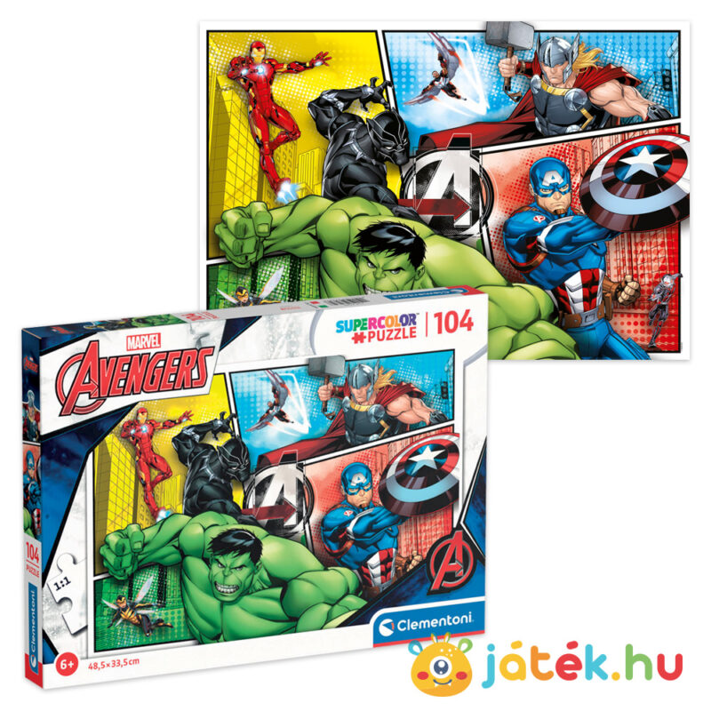 104 darabos Marvel: Bosszúállók puzzle kirakott képe és doboza - Clementoni Szuper Színes (Supercolor) 27284