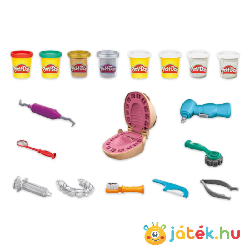 Play-Doh: Fogászat és fogszabályzás, fogorvosi gyurmaszett tartalma, 8 tégely gyurmával