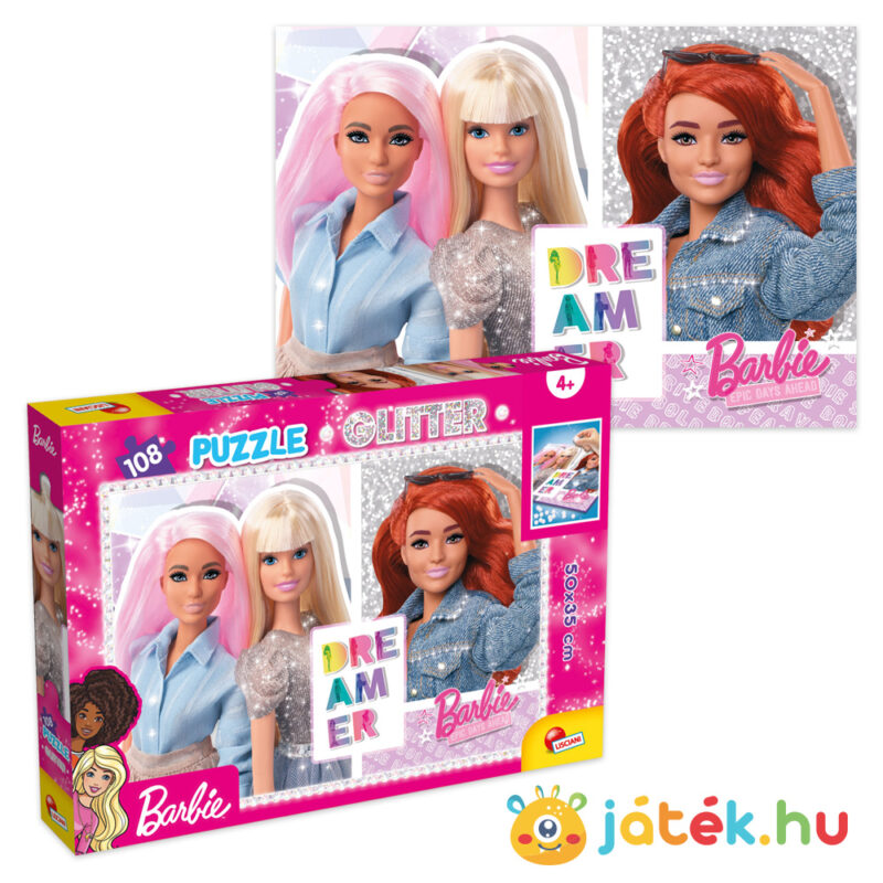 Barbie: 108 db-os csillogós puzzle képe és doboza, matricákkal és öntapadós drágakövekkel