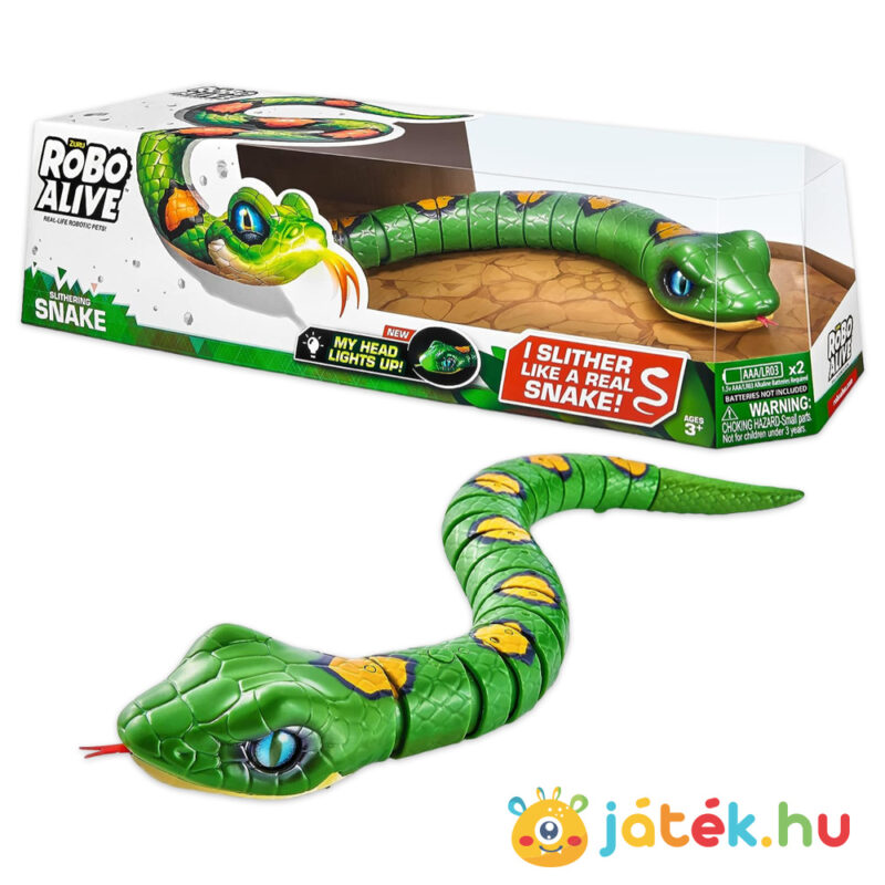 Élethű zöld interaktív robot kígyó sötétben világító szájjal és doboza (Robo Alive)