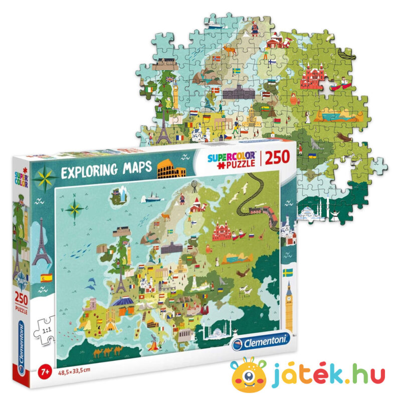 Felfedező térképes puzzle részlete és doboza gyerekeknek: Európa országai és nevezetességei, 250 db (Clementoni SuperColor 29062)