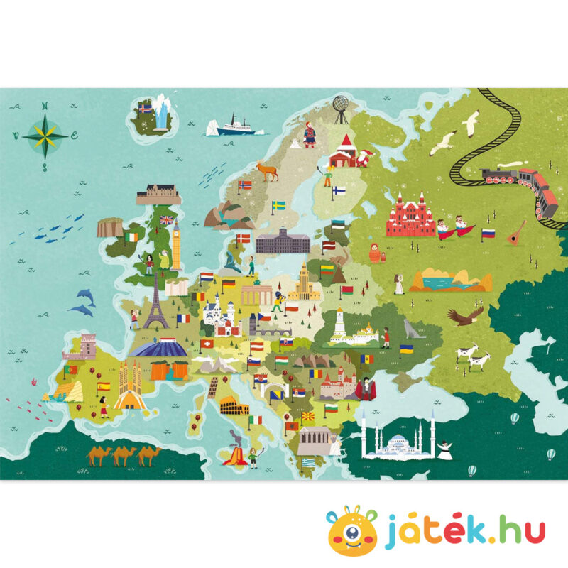 Felfedező térképes puzzle képe gyerekeknek: Európa országai és nevezetességei, 250 db (Clementoni SuperColor 29062)