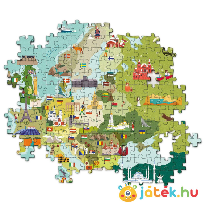 Felfedező térképes puzzle részlete gyerekeknek: Európa országai és nevezetességei, 250 db (Clementoni SuperColor 29062)