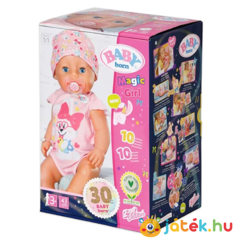BABY born: Magic Girl, interaktív lány baba doboza, 10 élethű tulajdonsággal (43 cm)
