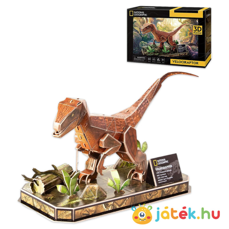 Dinoszauruszok 3D puzzle megépítve és doboza: Velociraptor, 63 db (CubicFun)