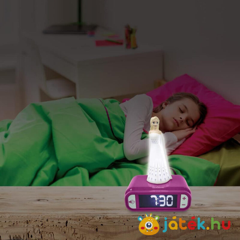 Jégvarázs: Világító ébresztőóra éjszakai fénnyel és hangeffektekkel Elsa figurával, használat közben (Lexibook)