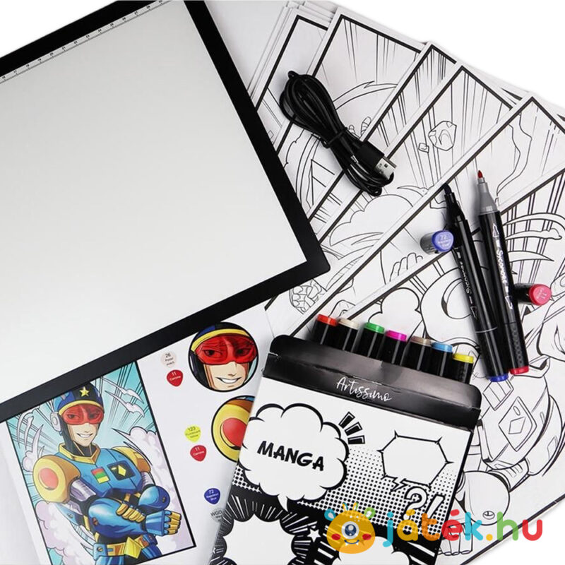 Manga, képregény készítő tartalma, színező, kreatív nagy szett LED táblával, filctollakkal (Sycomore Artissimo)