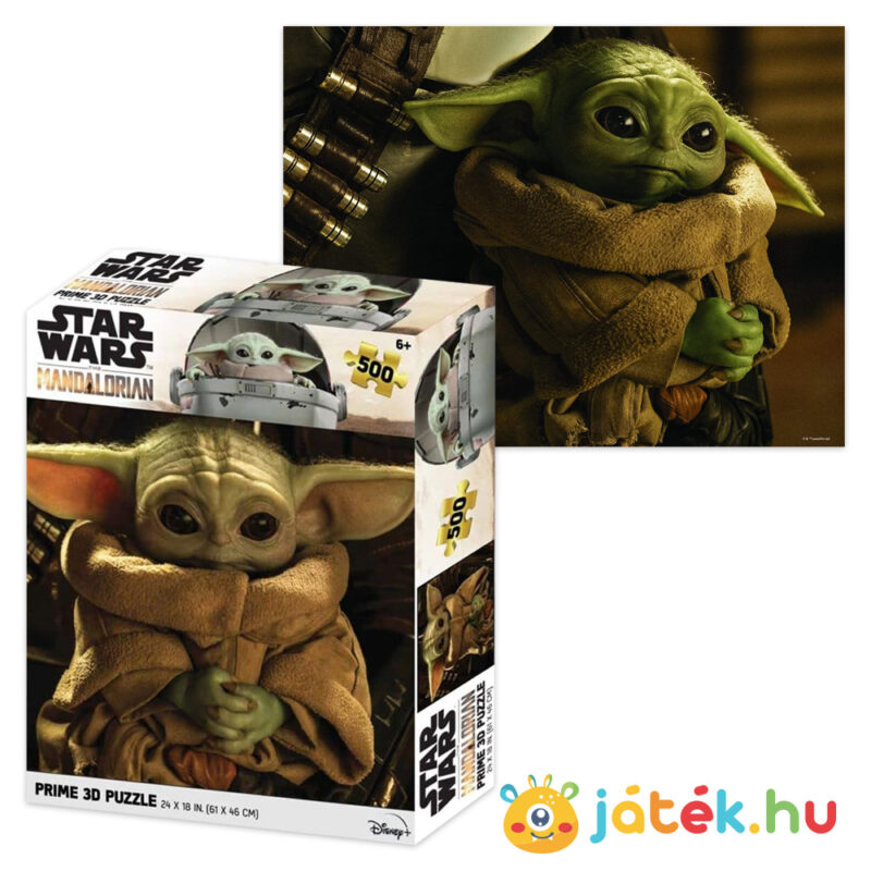 Star Wars: The Mandalorian, Baby Yoda (Grogu) puzzle képe és doboza, 500 db hologramos 3D hatású kirakó (Prime 3D 32645)