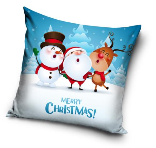 Merry Christmas! feliratos, hóember, mikulás, rénszarvas mintás karácsonyi párnahuzat 40×40 cm