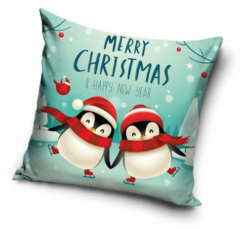 Pingvinek karácsonya, mintás karácsonyi párnahuzat 40×40 cm
