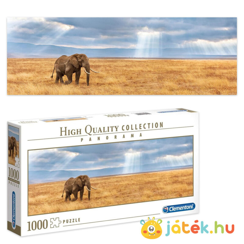 Elefánt a Szavannán panoráma puzzle képe és doboza, 1000 db (Clementoni 39484)