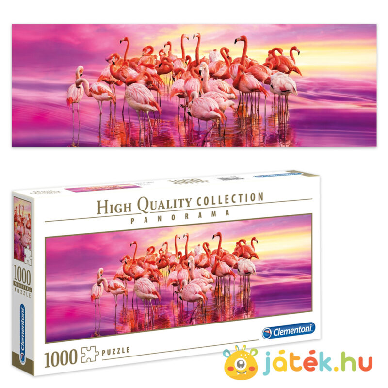 Flamingók tánca panoráma puzzle képe és doboza, 1000 db (Clementoni 39427)