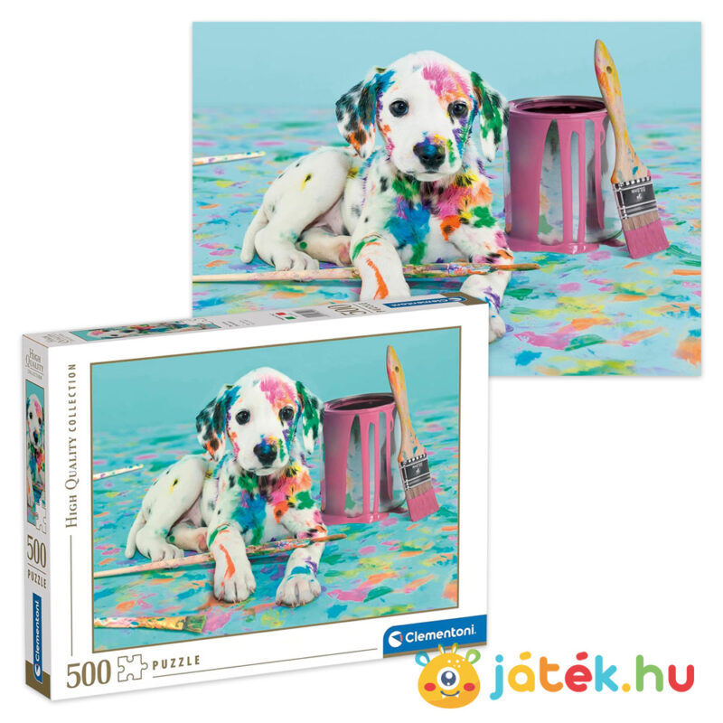 Mókás dalmata kölyök kutya, színes foltokkal puzzle képe és doboza, 500 db (Clementoni 35150)