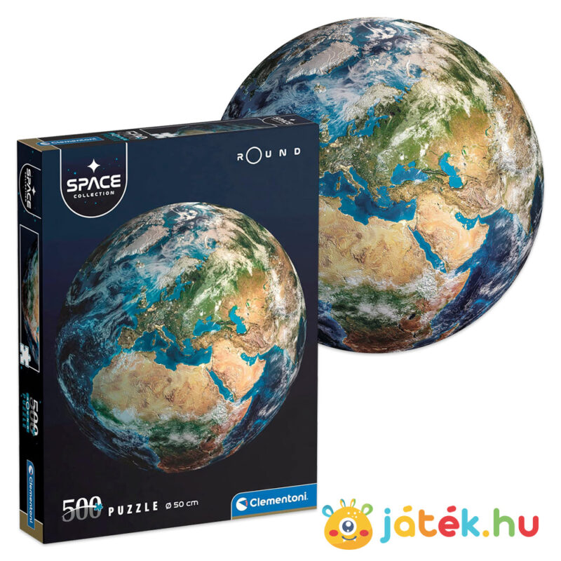 A Föld kerek forma puzzle képe és doboza, 500 db (Clementoni Space Collection 35152)