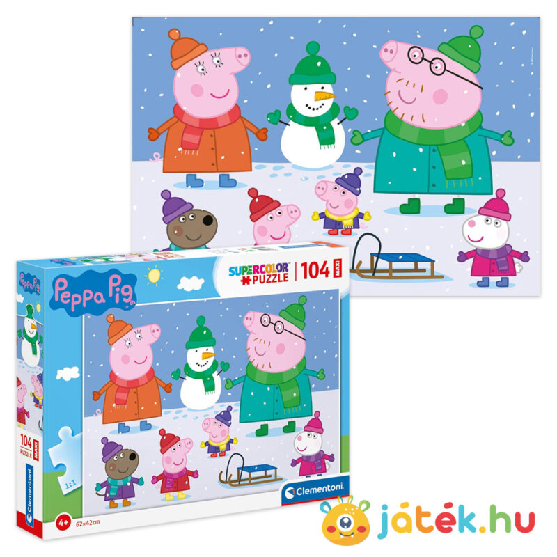 Peppa Malac puzzle képe és doboza, játék a hóesésben, 104 db (Clementoni SuperColor Maxi 23752)