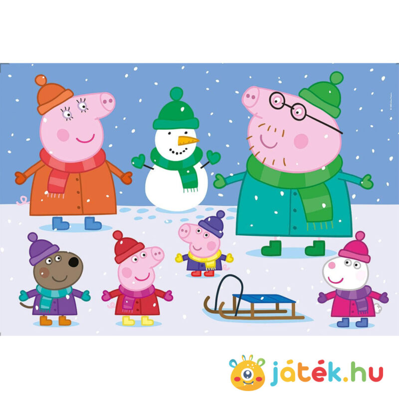 Peppa Malac puzzle képe, játék a hóesésben, 104 db (Clementoni SuperColor Maxi 23752)