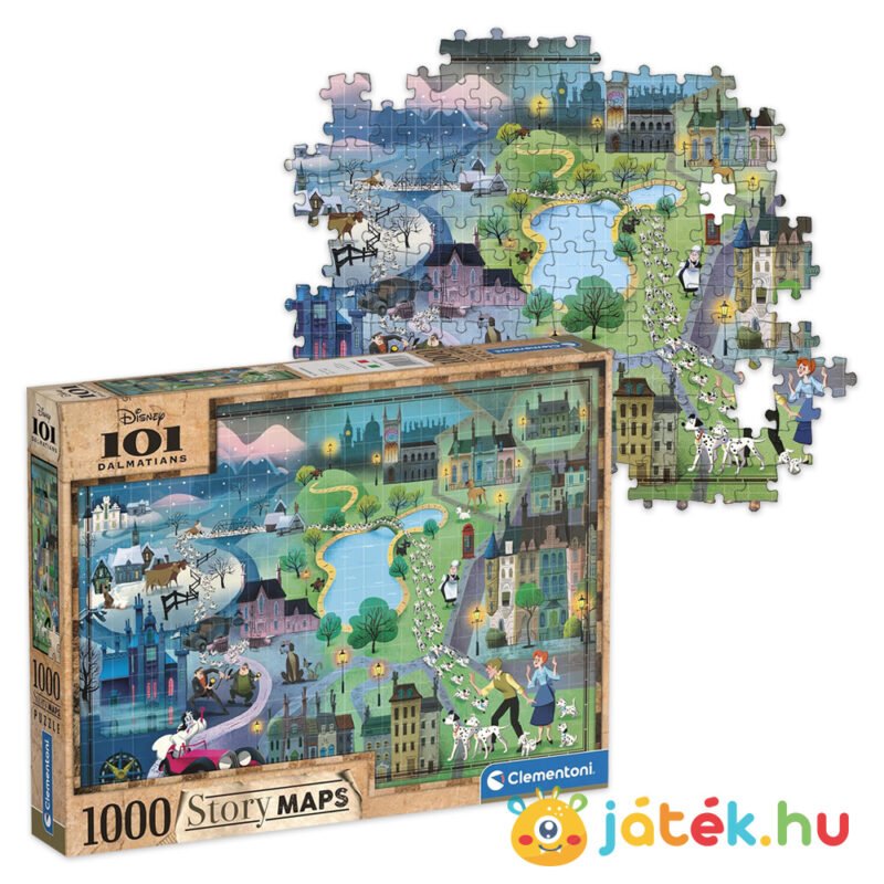 101 kiskutya története a térképen puzzle részlete és doboza, 1000 db (Clementoni Story Maps 39665)