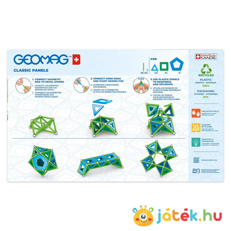 Geomag classic panels recycled, 114 darabos mágneses kreatív építőjáték doboza, hátulról