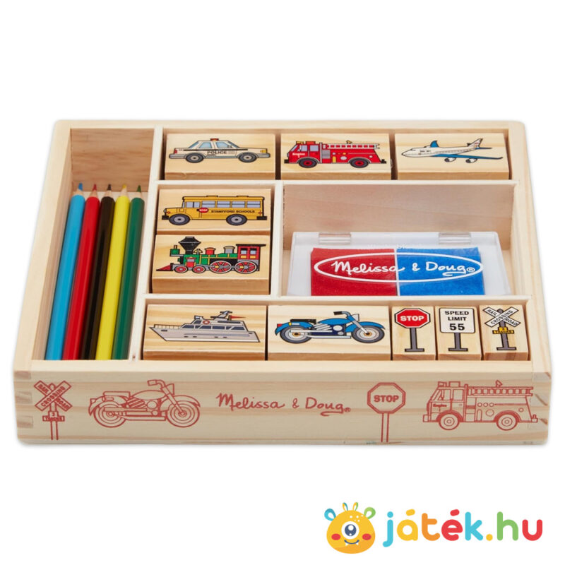 Közlekedés: Kreatív jármű mintás fa nyomdakészlet, ceruzákkal, fektetve (Melissa & Doug)