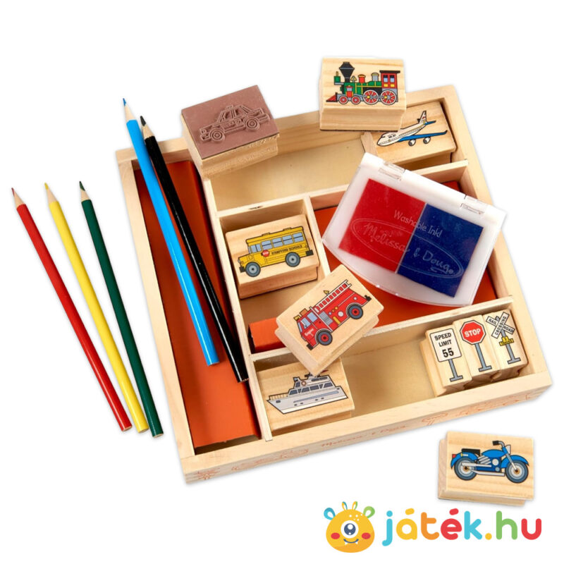 Közlekedés: Kreatív jármű mintás fa nyomdakészlet, ceruzákkal, felülről (Melissa & Doug)