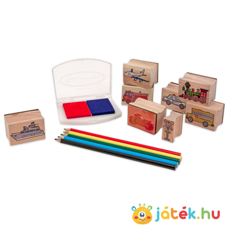 Közlekedés: Kreatív jármű mintás fa nyomdakészlet tartalma, ceruzákkal (Melissa & Doug)