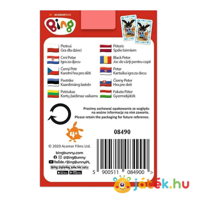 Bing Nyuszi és barátai: Fekete Péter kártyajáték doboza hátulról (Trefl)