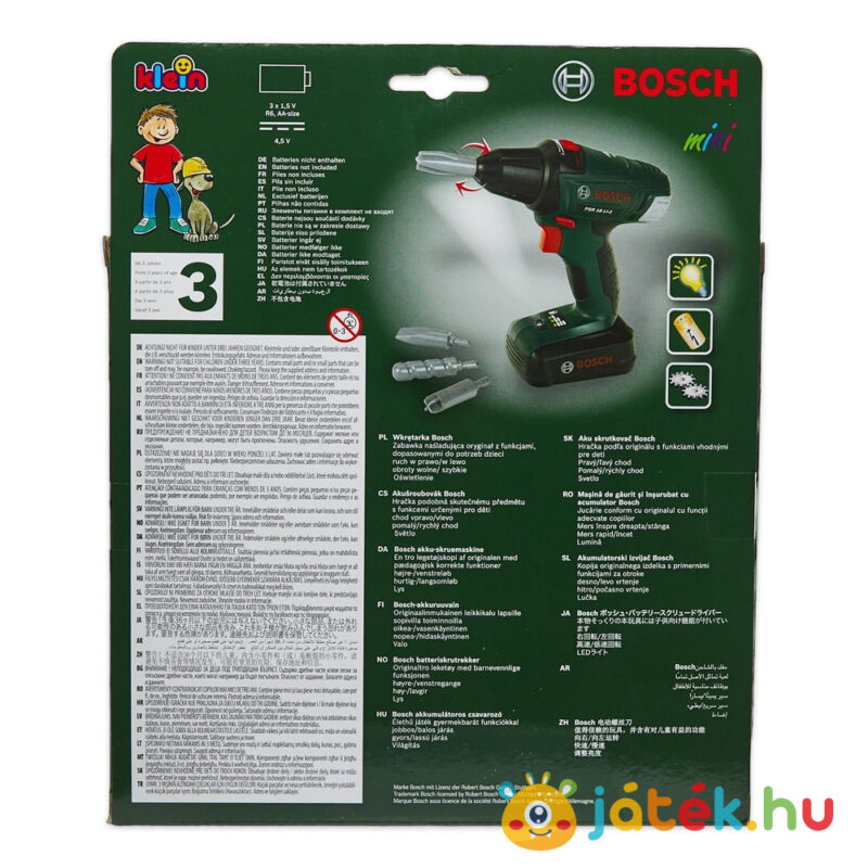 Bosch elemes játék kézifúró és csavarhúzó doboza hátulról (Klein 8567)