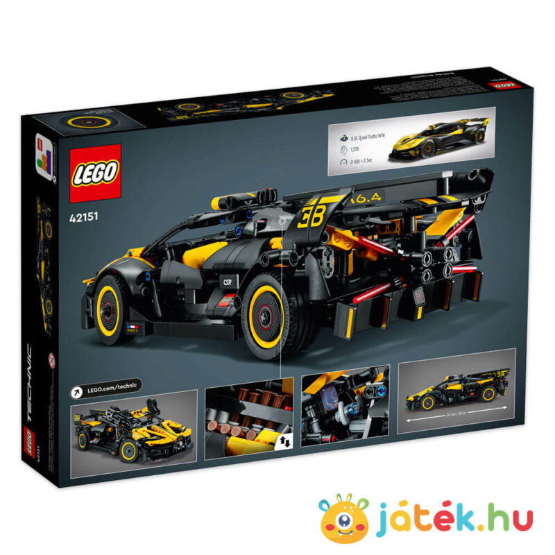 Bugatti Bolide versenyautó doboza hátulról (Lego Technic 42151)