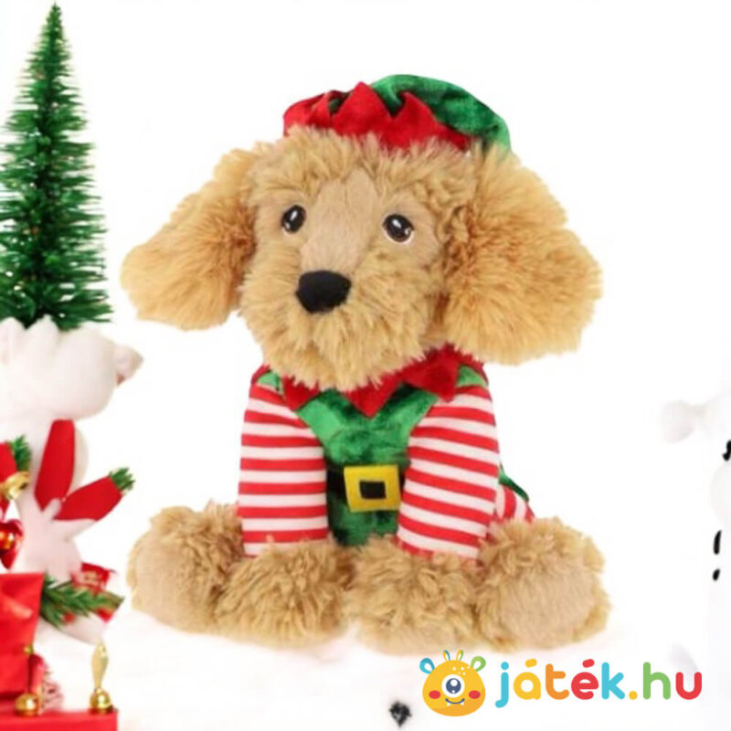 Cockapoo plüss kutya karácsonyi manó ruhában az asztalon, 20 cm (Keel Toys)