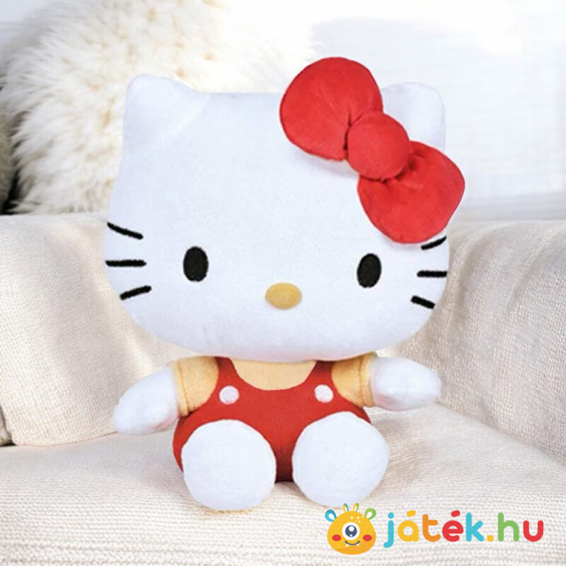 Hello Kitty plüss cica, piros ruhában a kanapén (14 cm)