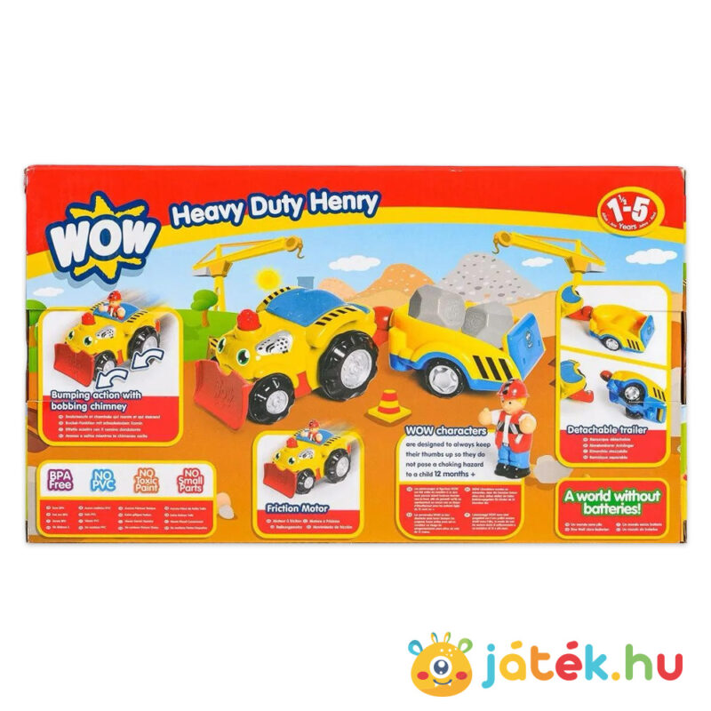 Henry, a lendkerekes kőszállító buldózer, utánfutóval, doboza hátulról (Wow Toys)